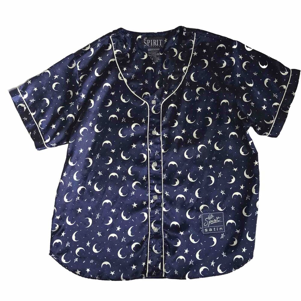 Nite Spirit Satin Pajama PJ Shirt Women M Button Sleep Moon Stars Celestial Blue